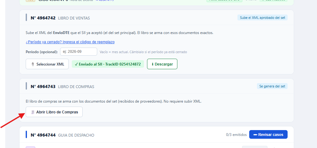 Botón Abrir Libro de Compras dentro de la lista de casos