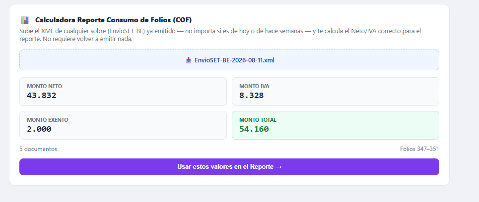 Calculadora COF con los montos ya calculados a partir del XML de boletas