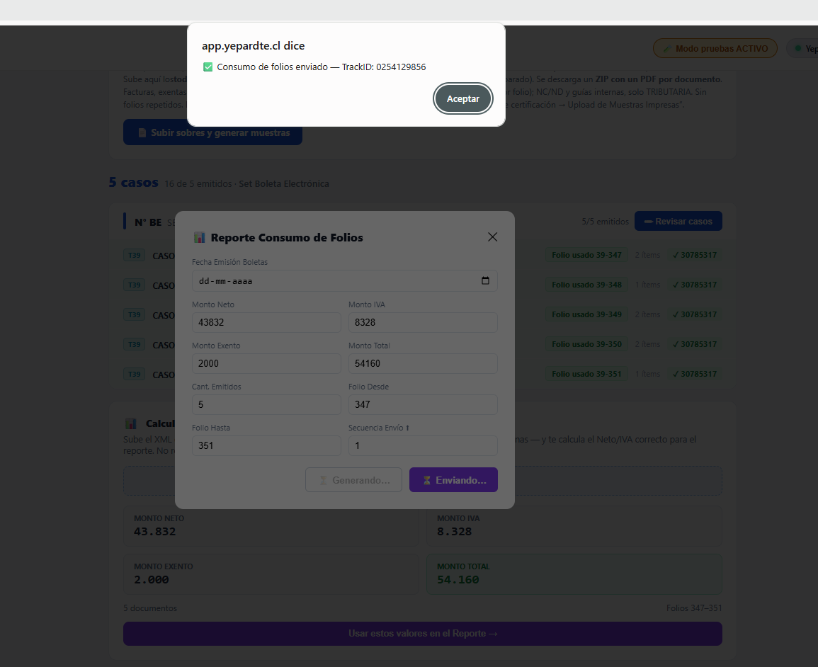 Reporte Consumo de Folios enviado al SII, con TrackID, y los 5 casos de boleta ya emitidos