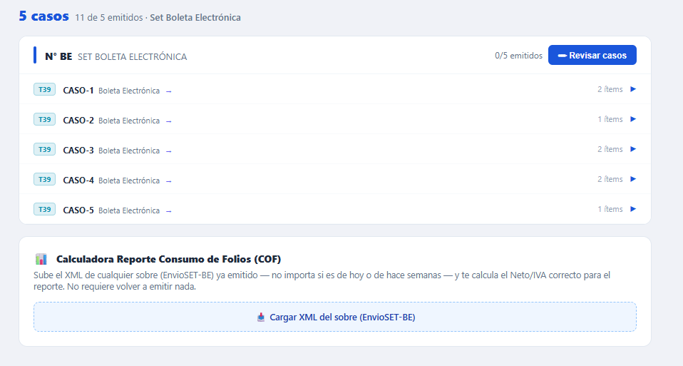 Lista de 5 casos de Boleta Electrónica, con la Calculadora COF debajo