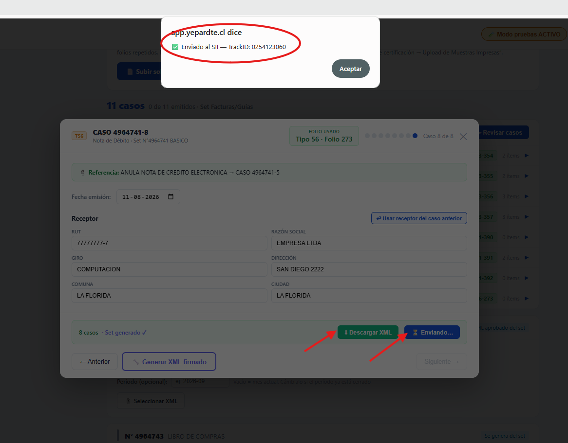 Confirmación de envío al SII con TrackID, y los botones de Descargar XML y Enviando