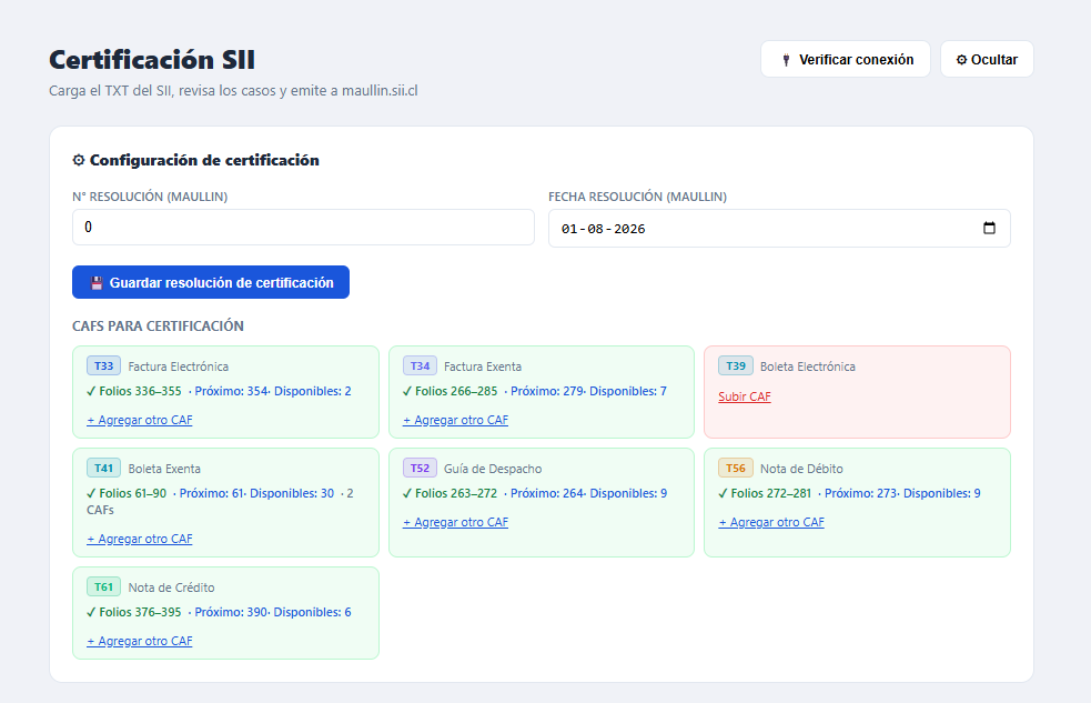 Pantalla de Certificación de YeparDTE mostrando la configuración de resolución y las tarjetas de CAF por tipo de documento