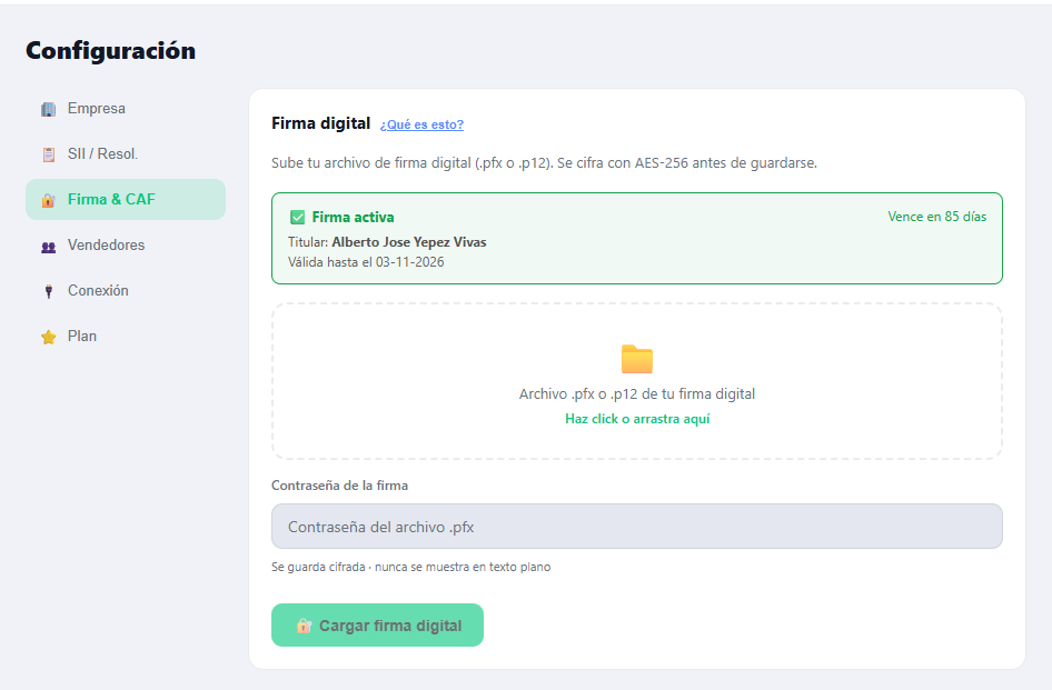 Pantalla de Configuración, Firma & CAF, mostrando la firma digital activa