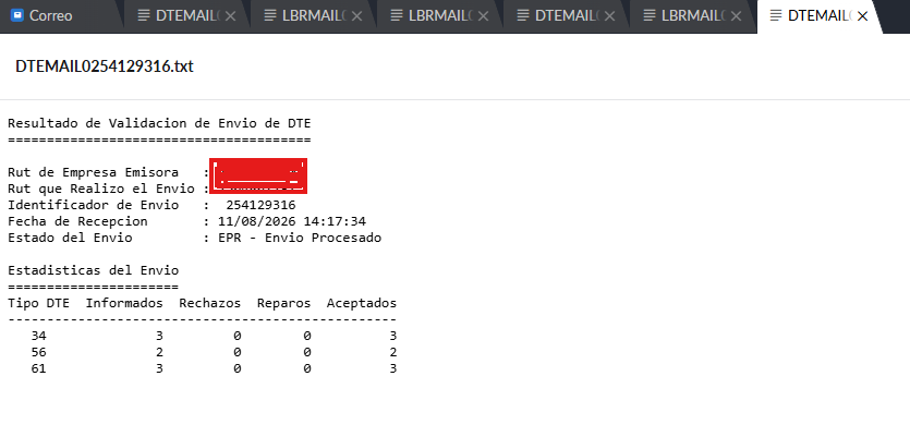 Correo de validación de envío, con 0 rechazos y 0 reparos en Factura Exenta, ND y NC