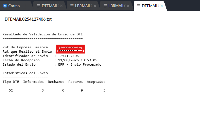 Correo de validación de envío de las guías, con 0 rechazos y 0 reparos