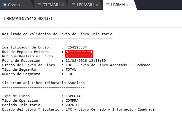 Correo de validación del Libro de Compras, con estado LOK - Envío de Libro Aceptado - Cuadrado