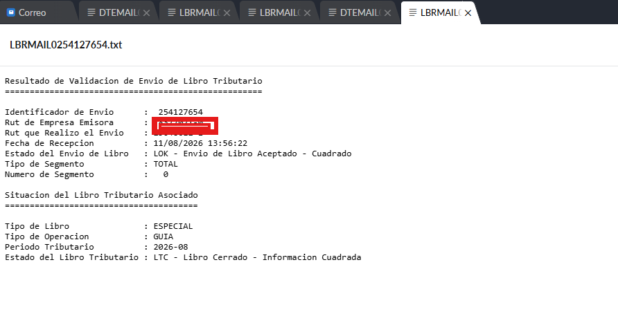 Correo de validación del Libro de Guías, con estado LOK - Envío de Libro Aceptado - Cuadrado
