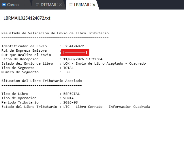 Correo de validación del Libro de Ventas, con estado LOK - Envío de Libro Aceptado - Cuadrado