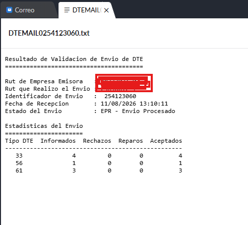 Correo de Resultado de Validación de Envío de DTE del SII, mostrando 0 rechazos y 0 reparos en los tres tipos de documento