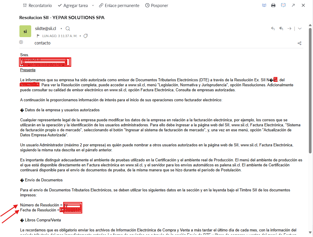 Correo del SII confirmando la autorización como emisor de DTE, con el Número de Resolución y la Fecha de Resolución