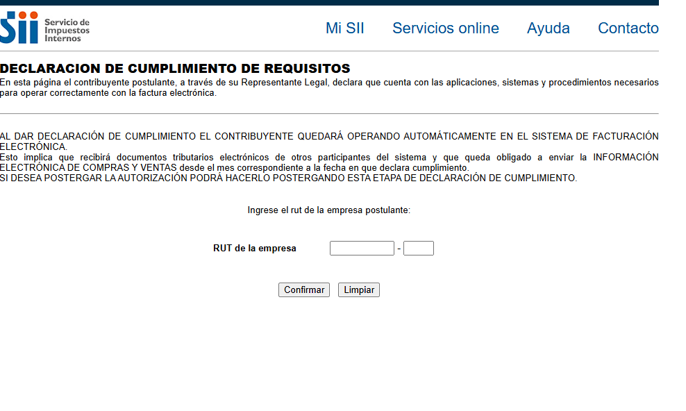 Página del SII Declaración de Cumplimiento de Requisitos, con el campo RUT de la empresa y el botón Confirmar