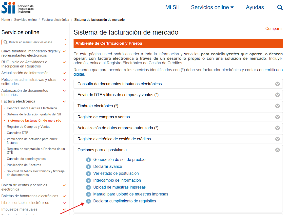 Menú Opciones para el Postulante del SII con la opción Declarar cumplimiento de requisitos resaltada