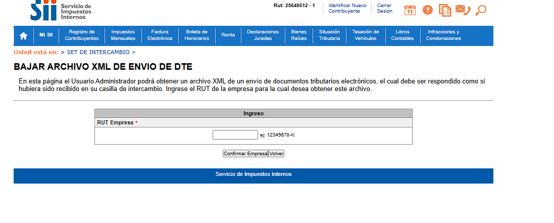 Pantalla del SII para bajar el archivo XML de envío de DTE, con el campo RUT Empresa