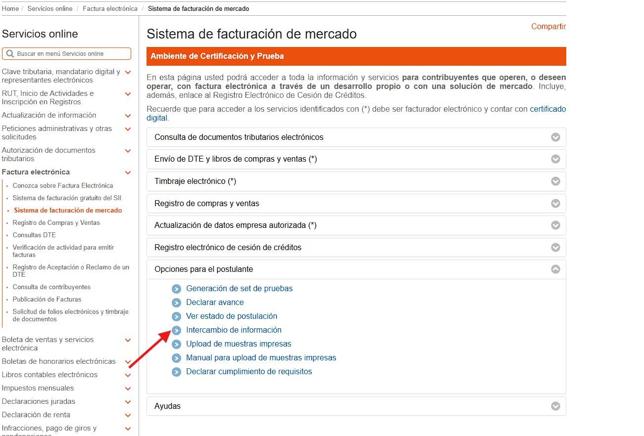 Menú Opciones para el Postulante del SII con la opción Intercambio de información resaltada