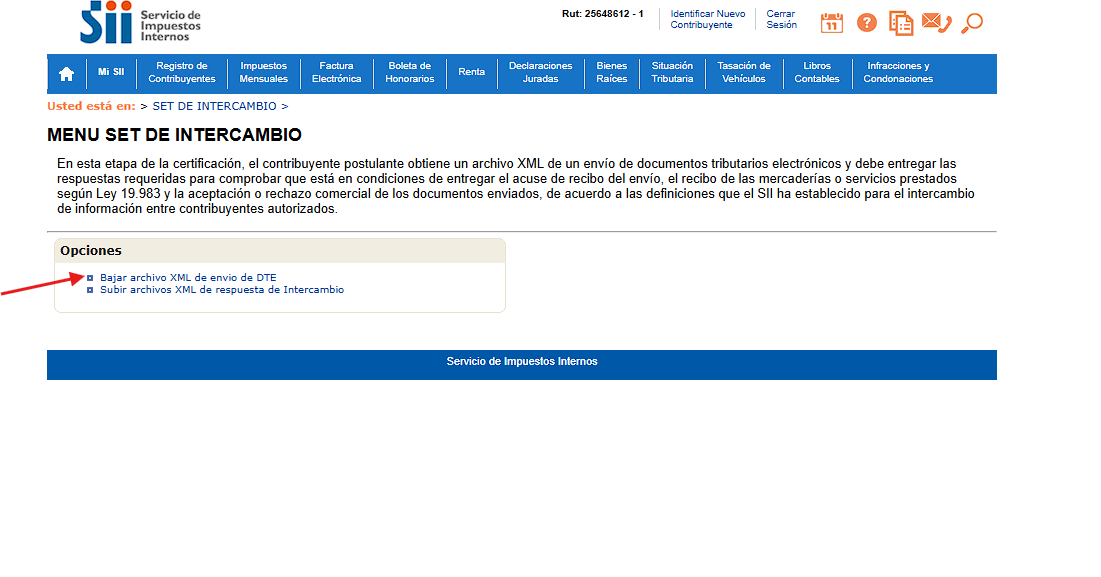 Menú Set de Intercambio del SII con las opciones de bajar el XML de envío y subir los XML de respuesta