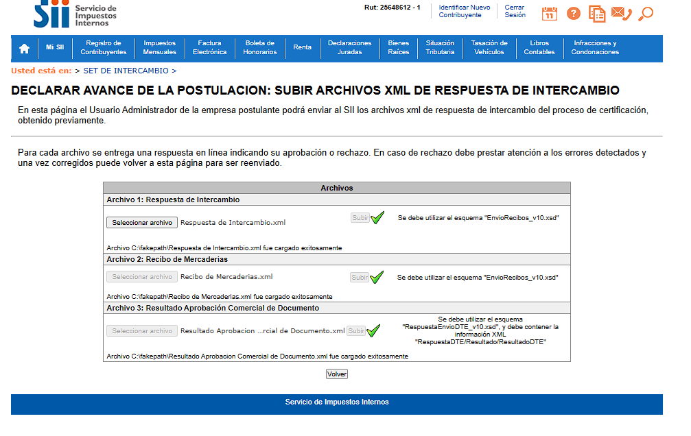 Pantalla del SII para subir los tres archivos XML de respuesta de intercambio, los tres cargados exitosamente con check verde