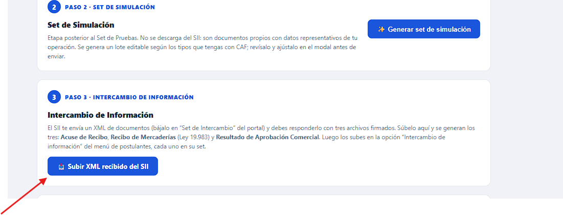 Tarjeta del Paso 3 Intercambio de Información en YeparDTE con el botón Subir XML recibido del SII