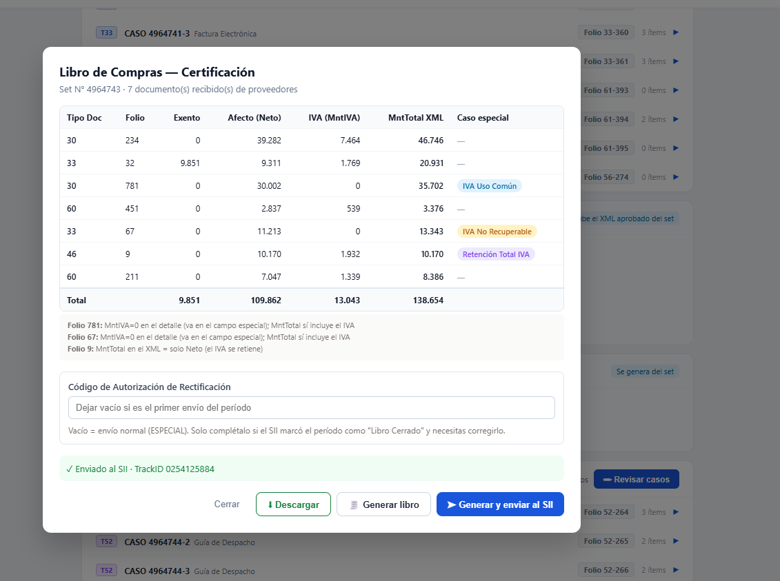 Modal de Libro de Compras — Certificación, ya enviado al SII con TrackID
