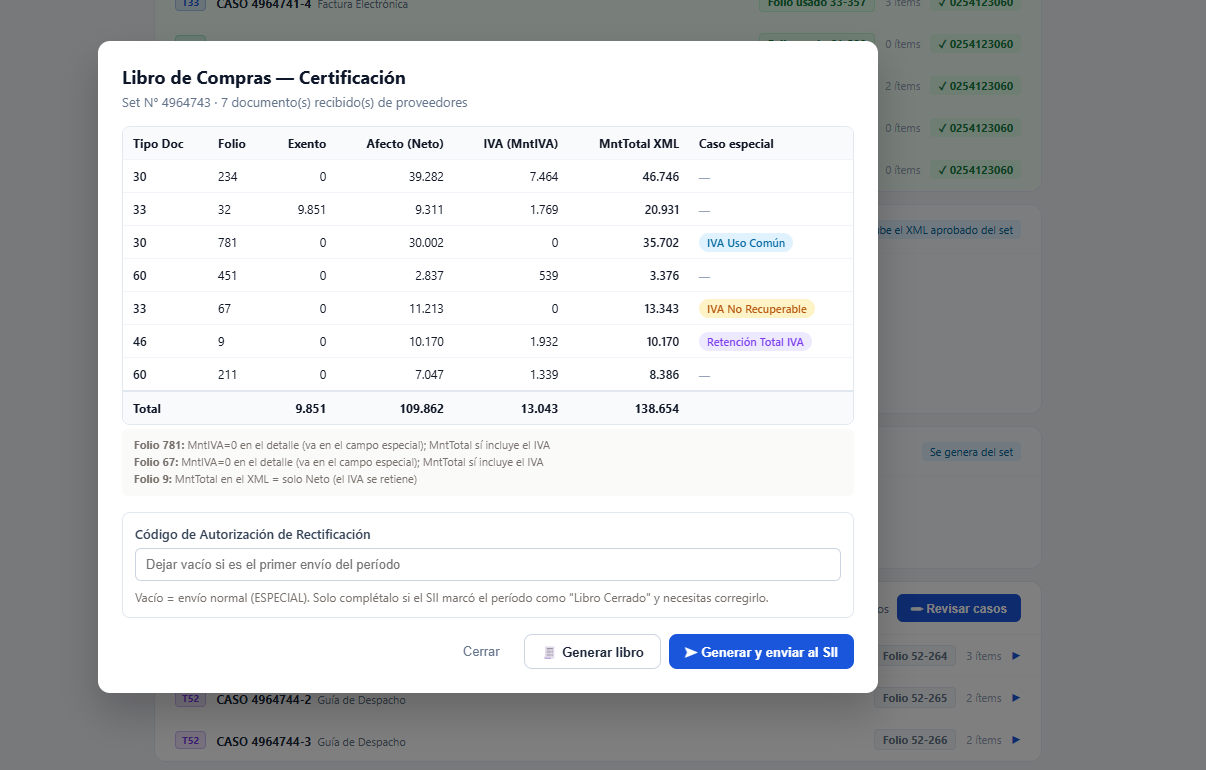 Modal de Libro de Compras — Certificación, con la tabla de documentos de proveedores antes de generar