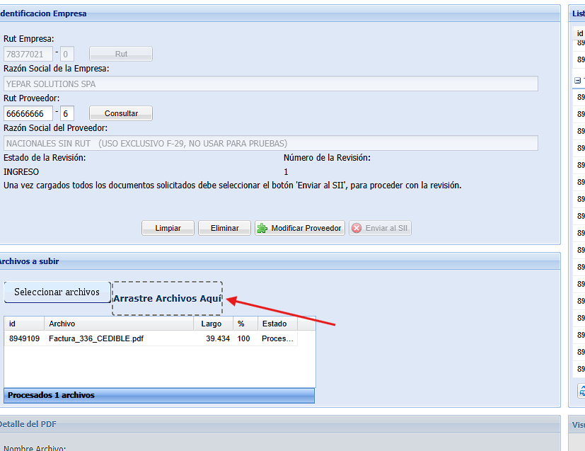 Zona Arrastre Archivos Aquí del SII con un PDF procesado al 100 por ciento