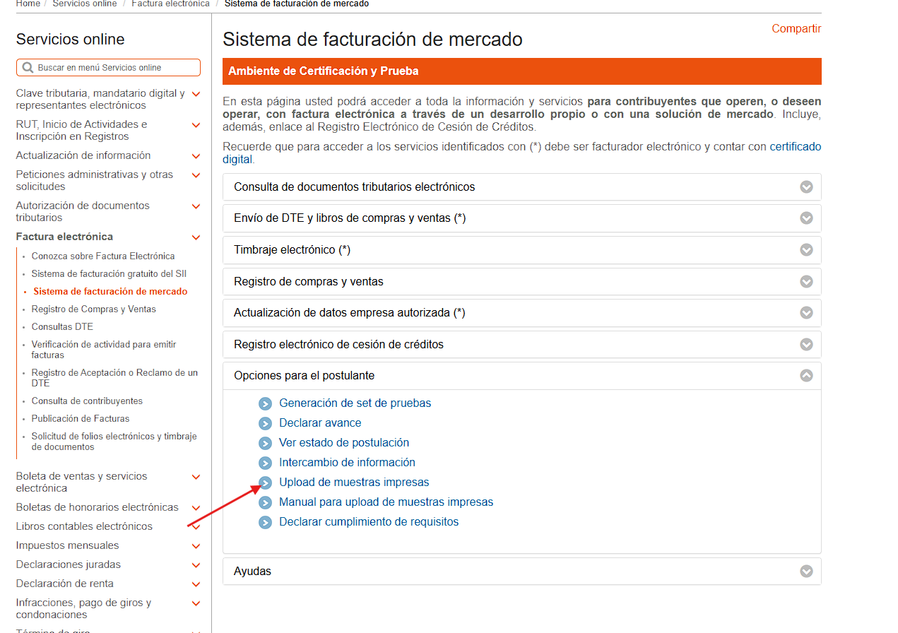 Menú Opciones para el Postulante del SII con la opción Upload de muestras impresas resaltada