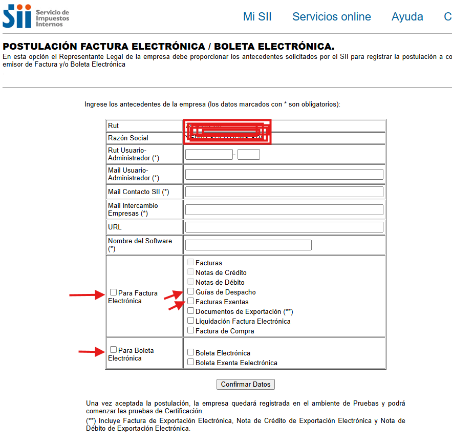 Formulario de Postulación Factura Electrónica / Boleta Electrónica del SII
