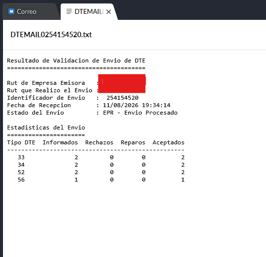 Correo de Resultado de Validación de Envío de DTE, estado EPR Envío Procesado, con todos los documentos aceptados y cero rechazos o reparos