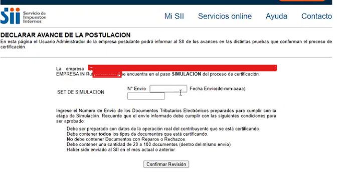 Formulario del SII para declarar el avance del Set de Simulación, con los campos N° Envío y Fecha Envío y las condiciones que debe cumplir el envío