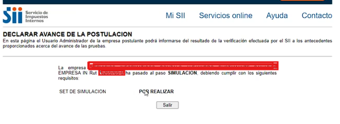 Pantalla del SII Declarar Avance mostrando que la empresa pasó al paso Simulación, con el Set de Simulación en estado Por Realizar