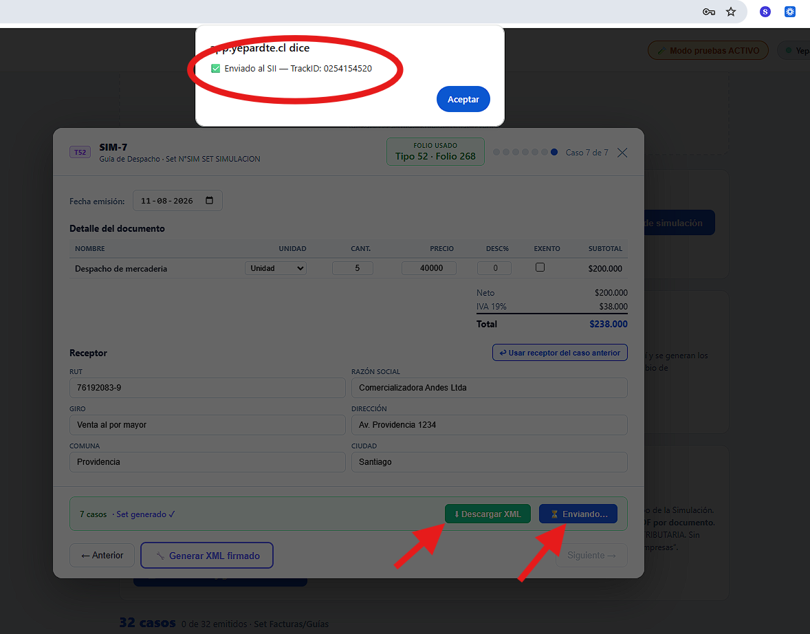 Modal del caso SIM-7 (Guía de Despacho) del Set de Simulación, con el aviso Enviado al SII y su TrackID
