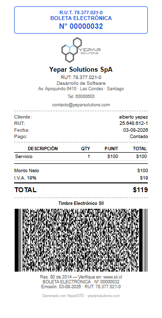 Boleta electrónica generada en formato ticket 80mm
