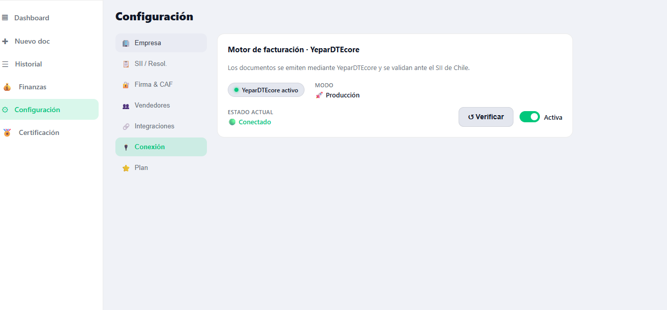 Configuración Conexión: motor YeparDTEcore activo, modo producción y estado conectado