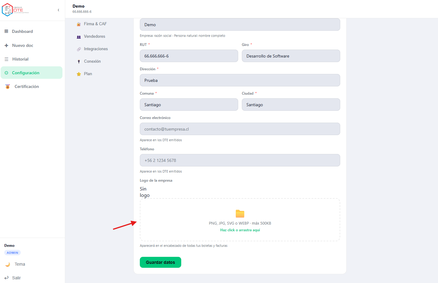 Configuración → Empresa: razón social, RUT, giro, dirección, comuna, ciudad, correo, teléfono y zona para subir el logo
