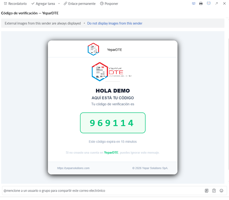 Correo de YeparDTE con el código de verificación de 6 dígitos