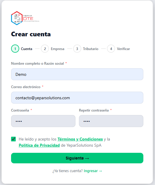 Paso 1 del registro: nombre o razón social, correo, contraseña y aceptación de términos