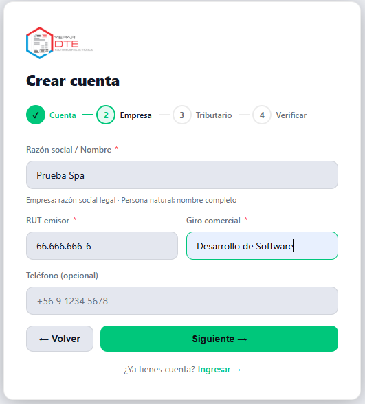 Paso 2 del registro: razón social, RUT emisor, giro comercial y teléfono opcional