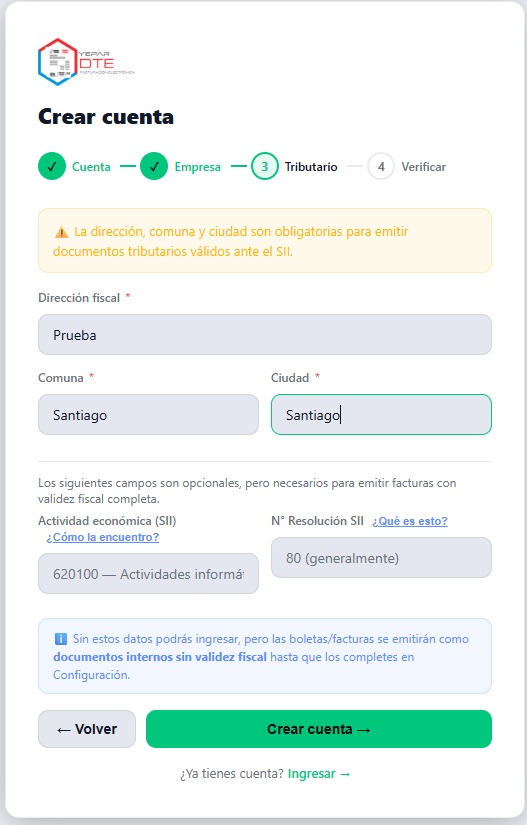 Paso 3 del registro: dirección fiscal, comuna, ciudad, actividad económica y N° de Resolución SII