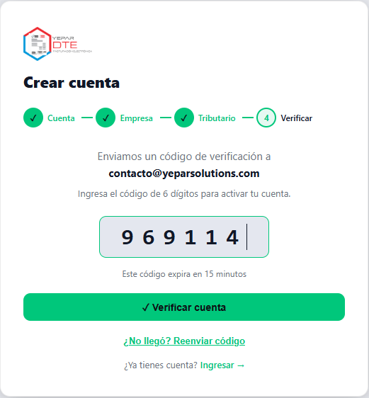 Paso 4 del registro: ingreso del código de verificación de 6 dígitos