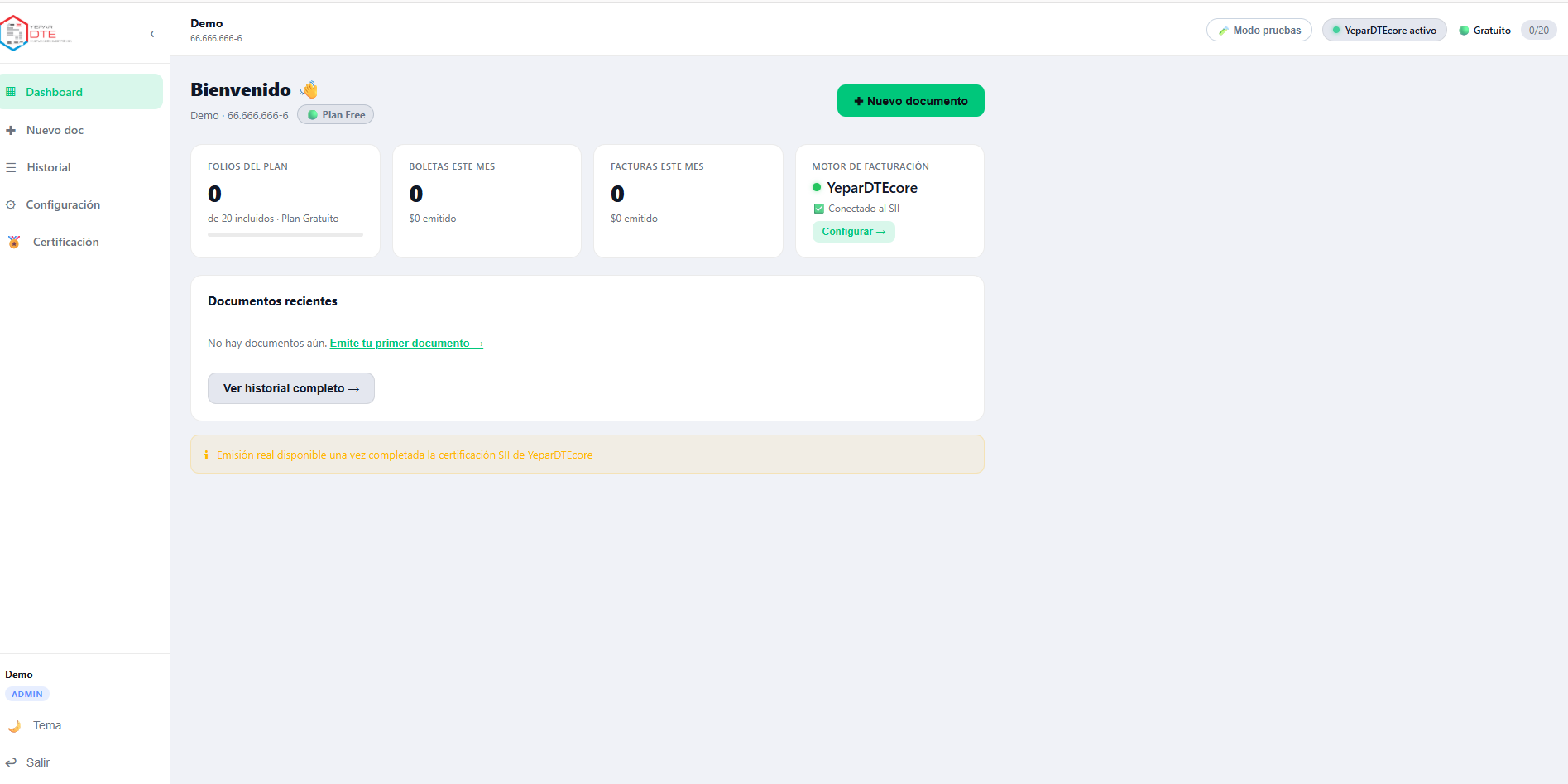 Dashboard en plan Free con folios, boletas y facturas del mes y estado del motor