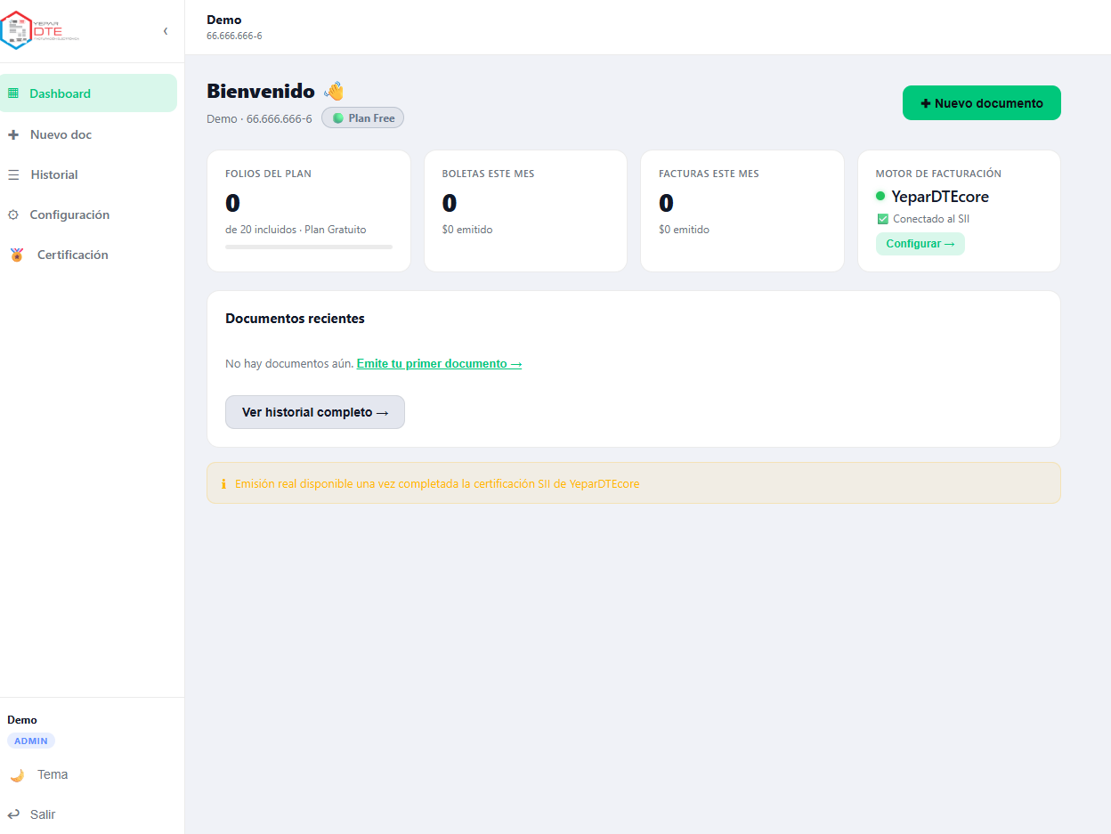 Dashboard de YeparDTE con folios del plan, documentos del mes y estado del motor de facturación