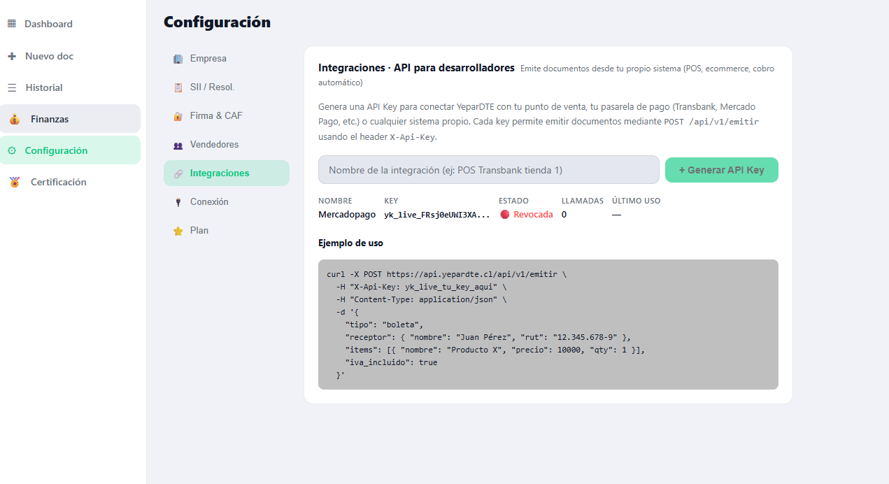 Configuración Integraciones: generar API Key y ejemplo de uso con curl