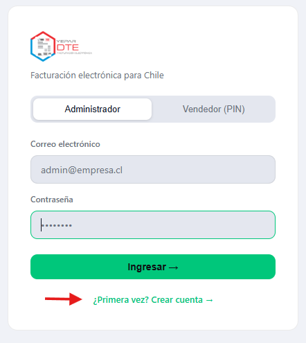 Pantalla de ingreso de YeparDTE con las opciones Administrador y Vendedor (PIN) y el enlace para crear cuenta