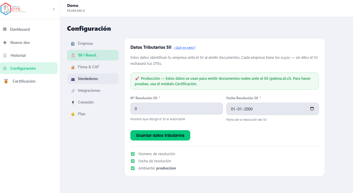 Configuración SII / Resolución: N° y fecha de resolución con el ambiente en producción