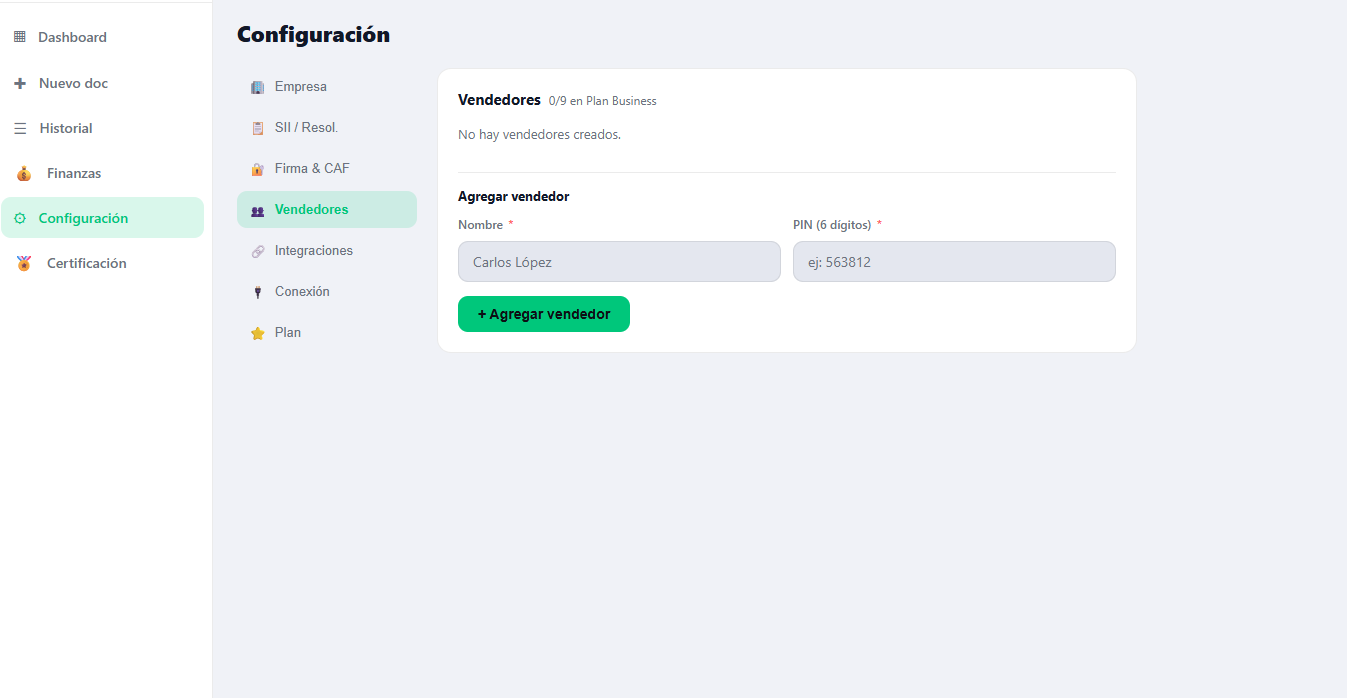 Configuración Vendedores: agregar vendedor con nombre y PIN de 6 dígitos